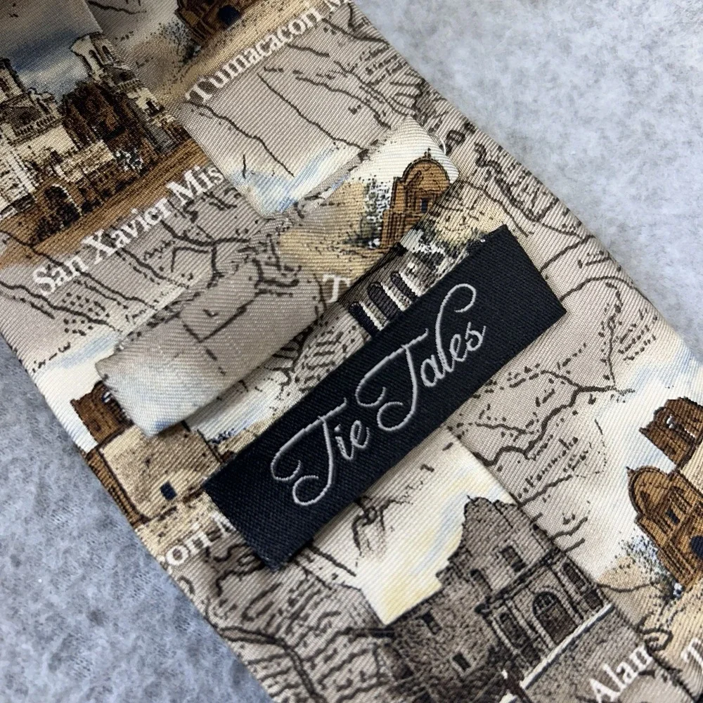 Tie Tales Texas Missions Silk Necktie Alamo Scenic Map Travel Souvenir 69
